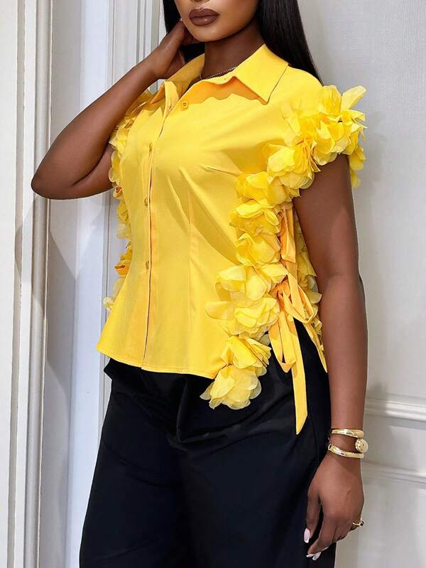 Xyvia Camisa elegante y casual de mujer con ribete floral, cintura anudada, romántica para salidas de verano, citas, Año Nuevo, San Valentín, Pascua, Día de la Madre, festivales de música, bodas de Oriente Medio, ir al trabajo, vacaciones, sexy, amarillo jengibre