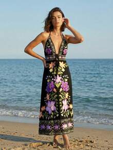 CAJUNI Vestido halter sexy con cuello en V profundo, cintura con lazo y estampado floral, para vacaciones - Multicolor - Ver 7