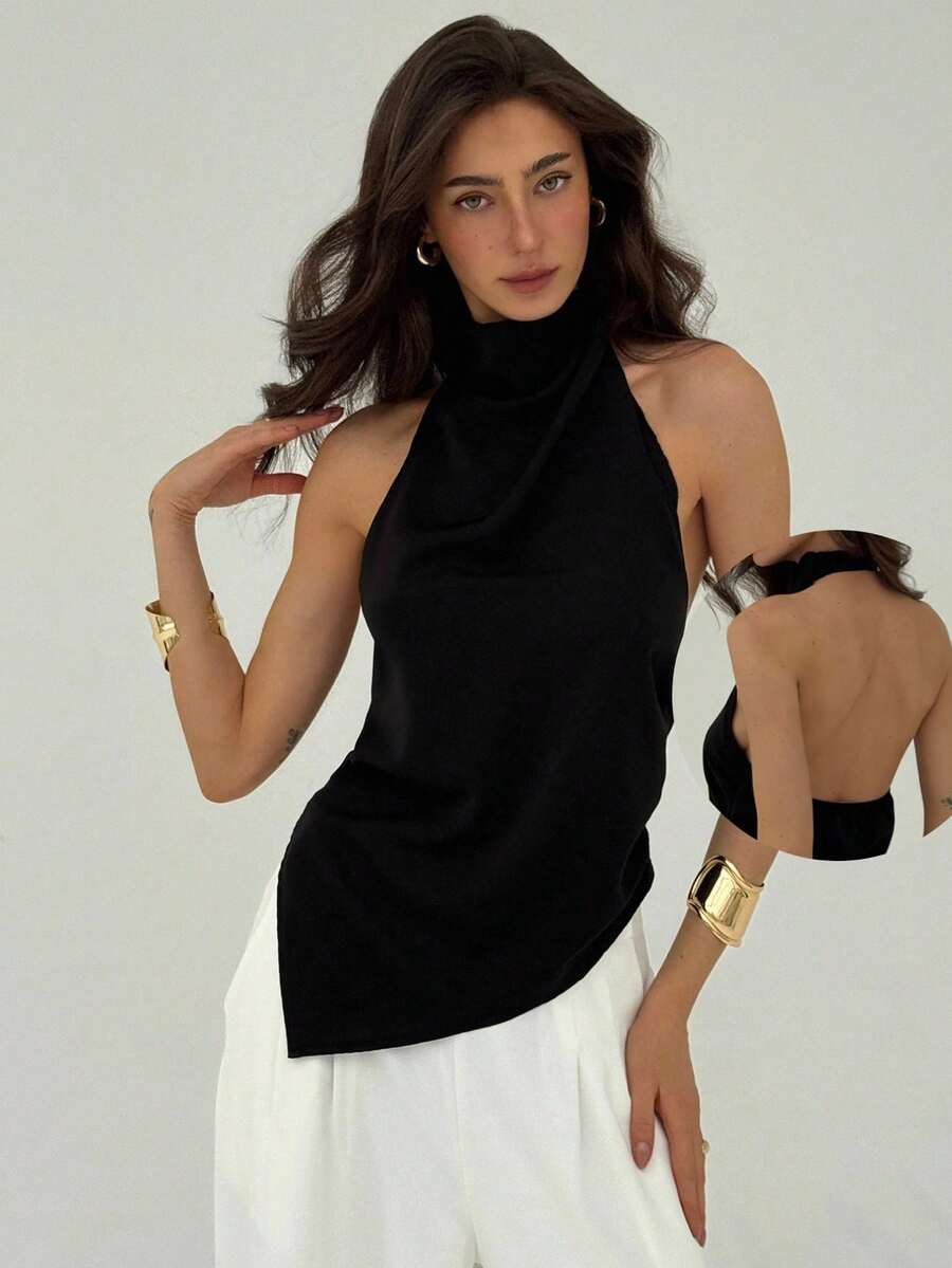 Aloruh 女士纯色不对称下摆露背吊带上衣，适合夏季的狂欢派对上衣，适合夏季度假穿着。 - 黑色 - 查看 1