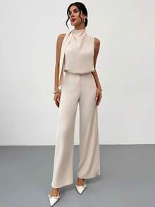 Firerie Women's Elegant Minimalist Fashion Commuter Urban Chic New Daily Casual Flowy Collar Sleeveless Blouse And High Waist Long Pants Apricot 2-Piece Set - Apricot - View 5