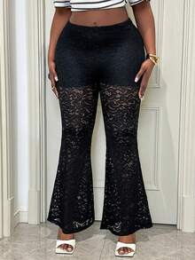 Xyvia 女士黑色蕾丝弹力腰喇叭裤，高端设计，修身显瘦，优雅精致，适合情人节、复活节、劳动节、生日礼物、约会、派对、活力穿搭、旅行、春夏下装，春季新款必备时尚单品，小众设计，百搭单品 - 黑色 - 查看 4