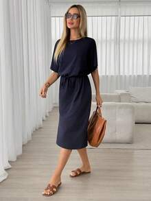 Easowa Women Cotton Midi Dresses Vacation Outfits Women,Casual Clothes Dark Blue Dress Drawstring Waist Women's Short Sleeve Navy - Navy Blue - View 6