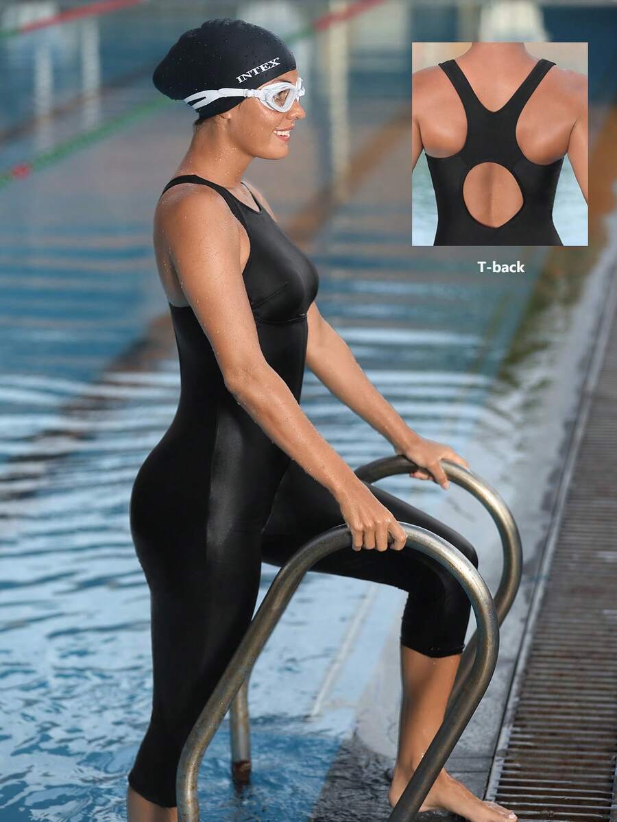Swim Nautrix بدلة سباحة نسائية بلون موحد بدون أكمام قطعة واحدة - الأسود - مشاهدة 1