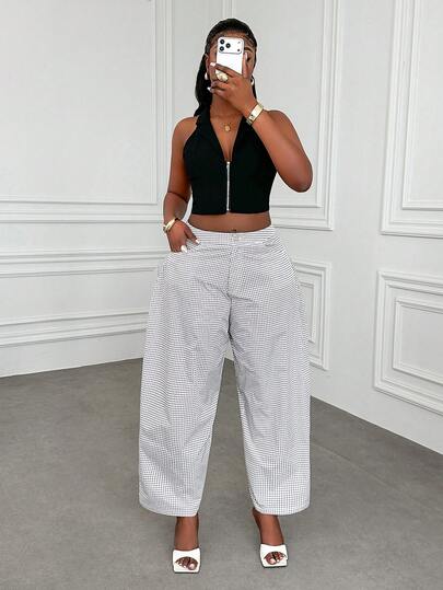 Xyvia Women's Spring/Summer New Plaid Print Casual Pants, Tailored Seams, Suitable For Commuting, Parties, Daily Wear, Light Brown & White Checkered Wide-Leg Trousers