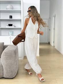 Easowa Women's All White Summer Chic Brunch Linen Two Pieces Set,Elegant Solid Color Halter Top And Baggy Wide Leg Pants,Casual Commuter Pant Suit Jumpsuit - Apricot - View 5