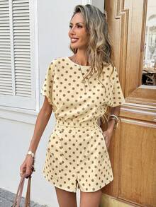 SHEIN LUNE 女士休闲波点短袖衬衫和短裤两件套，适合夏季、度假、通勤和日常穿着 - 鵝黃色 - 查看 6