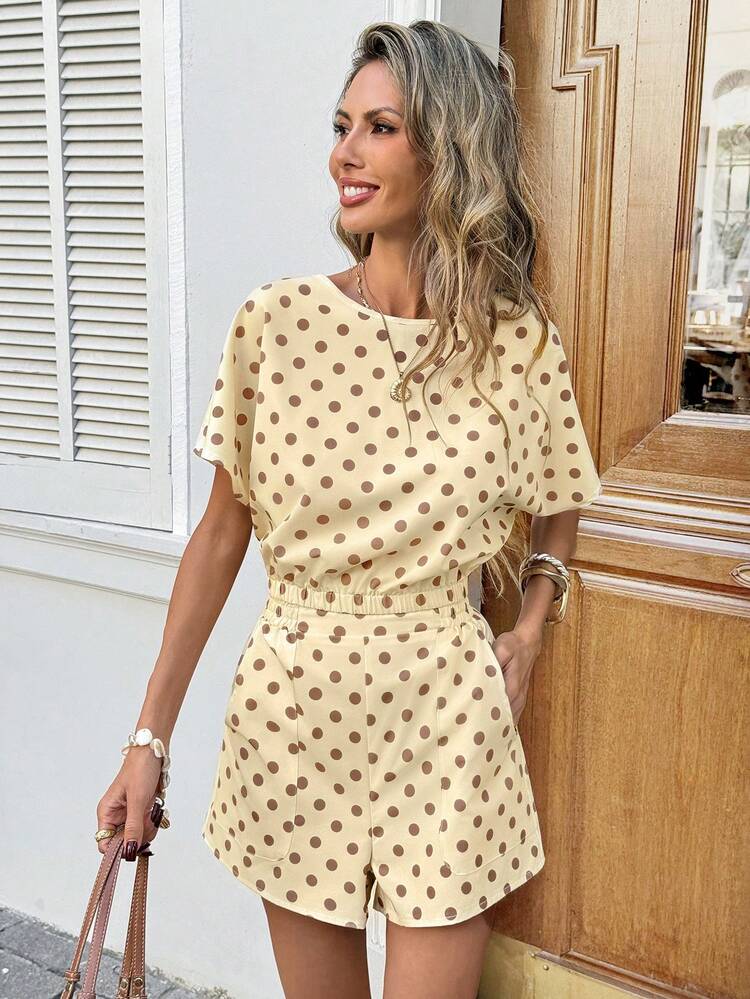 SHEIN LUNE Women's Casual Polka Dot Short Sleeve Shirt And Shorts 2 Pieces Set, Suitable For Summer, Vacation, Commute And Daily Wear Women Vacation Outfit Sets Women Two Piece Sets Short Women Polka Dot Matching Set Yellow Women S Summer Outfits Women 2 Piece Outfit Casual - Pale Yellow - View 6