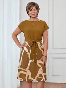 Miaspire 女士休闲通勤印花拼接连衣裙，夏季 - 黃色 - 查看 3