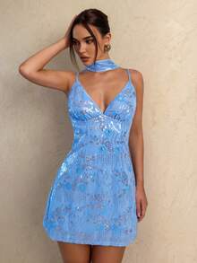 Glamine 女士花卉亮片性感时尚吊带迷你连衣裙 - 淺藍色 - 查看 4