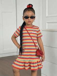 SHEIN Young Girl Casual Colorful Striped Ruffle Hem Dress, Summer - Red - View 2