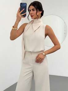 Firerie Women's Elegant Minimalist Fashion Commuter Urban Chic New Daily Casual Flowy Collar Sleeveless Blouse And High Waist Long Pants Apricot 2-Piece Set - Apricot - View 7