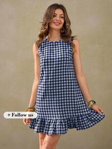 Wildy Đầm ngắn kẻ caro xanh lá cây lãng mạn kiểu miền Tây nước Mỹ mùa hè mới, viền bèo nhún, thích hợp cho kỳ nghỉ. - Xanh và trắng - Xem 1