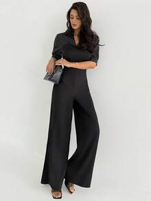Firerie Bộ jumpsuit nữ thanh lịch, tối giản, phong cách công sở thành thị hiện đại, kẻ sọc, kiểu dáng 2 trong 1, tay ngắn, cạp cao, ống rộng, màu đen, thích hợp cho mùa xuân/hè. - màu đen - Xem 12