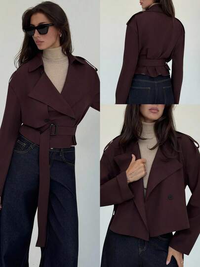 Aloruh Women's Solid Color Short Lapel Collar Long Sleeve Casual Versatile Fashion Trench Coat Fall Fall For Women All Women Fall For Women Fall Autumn Women's Fall Winter For Women Winter For Women For Women Winter Jacket Women Women's Jacket Chic Autumn Brown Trench Coat, Caramel Color