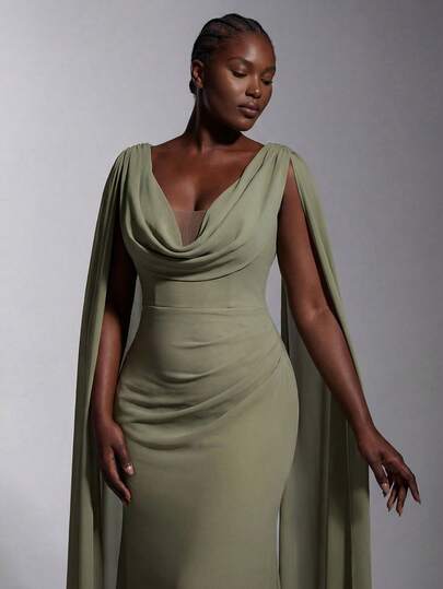 Elitara Plus Size Elegant Dark Gray-Green Chiffon Draped Neck Shoulder Luxury Rhinestone Decor Fish Tail Maxi Dress, Suitable For Dates, Vacations, Singles Parties, Weddings, Bridesmaid Events, Formal Occasions Olive Green Formal Dress Women Sage Green Bridesmaid Dress Gala Evening Gown Special Occasion Dress Dresses For Women