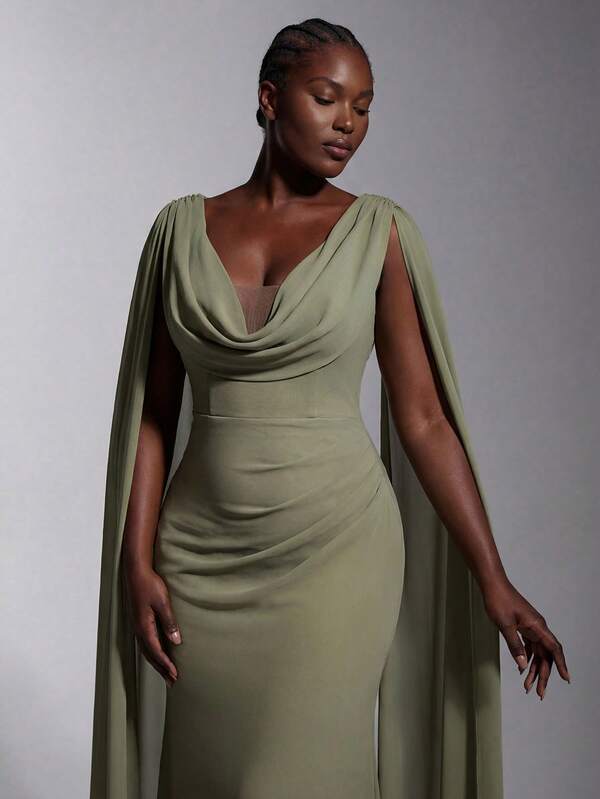 Elitara Vestido maxi elegante de gasa verde grisáceo oscuro con cuello drapeado, hombros y decoración de lujo con diamante de imitación, cola de pez. Adecuado para citas, vacaciones, fiestas de solteros, bodas, eventos de damas de honor y ocasiones formales.