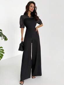 Firerie Bộ jumpsuit nữ thanh lịch, tối giản, phong cách công sở thành thị hiện đại, kẻ sọc, kiểu dáng 2 trong 1, tay ngắn, cạp cao, ống rộng, màu đen, thích hợp cho mùa xuân/hè. - màu đen - Xem 11