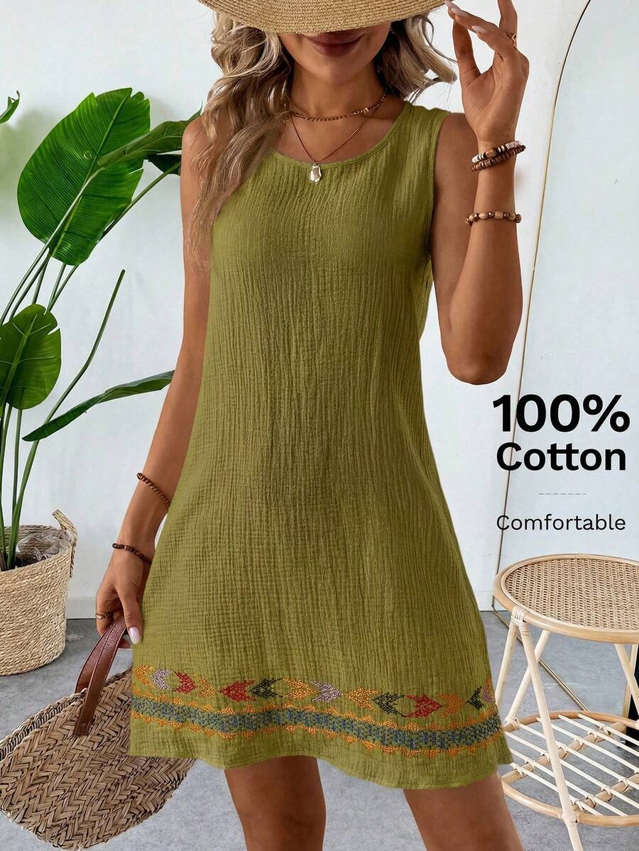 SHEIN LUNE 夏季休闲沙滩度假亚麻质感杏色无袖连衣裙（女款） - 綠色 - 查看 1