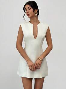 Firerie Elegant Minimalist Refined Dignified Fashion Cocktail Party Valentine's Day Date Wedding Guest Holiday Birthday Gathering Deep V-Neck Cap Sleeve Cinched Waist A-Line Umbrella Skirt White Mini Dress - White - View 8