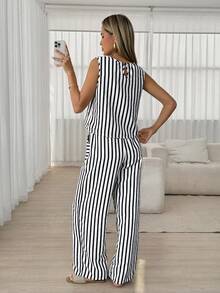 Easowa 休闲条纹吊带背心和长裤套装，适合春夏穿着和通勤。 - 黑與白 - 查看 2