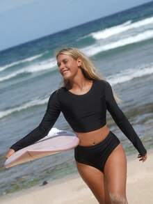 Swim SPRTY 女士度假沙滩长袖休闲泳装套装 - 黑色 - 查看 3