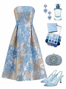 Ellevyn Elegant Jacquard Strapless Dress For Party - Blue - View 1