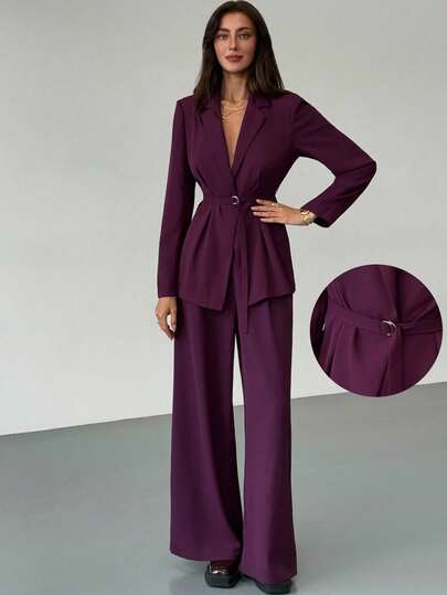 Aloruh Purple Elegant Business Suit Jacket And Pants Set Fall Clothes Fall Clothes For Women All Outfits Women  Fall Outfits For Women Fall Outfits Autumn Clothes Women's Fall Clothes Teacher Outfits For Women  Teacher  Teacher Outfits  Teacher Clothes Business Casual Woman  Business Casual Outfits Women Business Casual  Business Casual Women  Commuting Office Temperament Slim Suit Dark Purple Waist Belt Adjustable Burgundy Burgundy  Wine Red Suit Dark Purple Suit