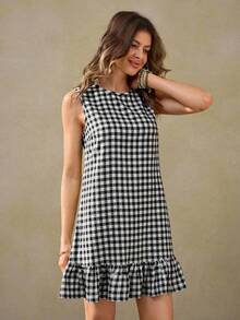 Wildy 新款夏季美式西部乡村度假浪漫荷叶边绿色格子迷你连衣裙 - 黑與白 - 查看 5