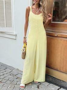 SHEIN LUNE 女士休闲纹理连体裤，适合夏季度假、通勤和日常穿着，无袖宽松款 - 淡黃色 - 查看 3