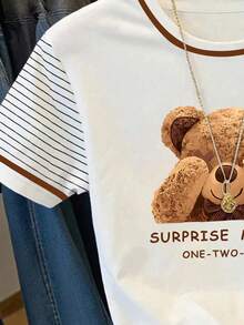 Resyla 可爱小熊印花条纹袖撞色圆领T恤，Y2K美学泰迪熊图案撞色滚边T恤，学院风“惊喜时刻”小熊印花休闲T恤，撞色领条纹袖小熊图案上衣，复古泰迪熊印花条纹袖夏季T恤 - 彩色 - 查看 4