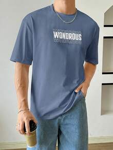 SWAVVY Men's Casual Letter Print Short Sleeve T-Shirt, Summer - Blue - View 2