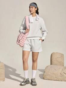 Exploreva Exploreva Damen Shorts mit Buchstaben-Muster, Kordelzug Taille, Outdoor Shorts zum Joggen für Damen, Damen Sweat Shorts - Grau - Übersicht 2