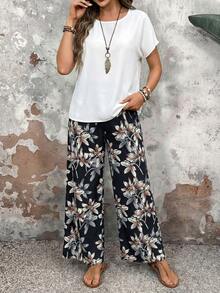 EMERY ROSE 女士纯色圆领短袖上衣和印花阔腿裤套装，夏季两件套 - 黑與白 - 查看 5