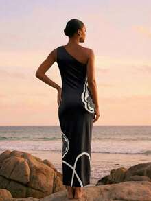 CAJUNI Vestido casual de fiesta con estampado floral y drapeado para mujer - Negro - Ver 2