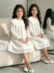 SHEIN 1件女童优雅杏色镂空蕾丝彼得潘领宽松喇叭裙，可爱连衣裙，适合甜美女孩参加派对。 - 杏色 - 查看 10