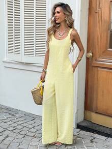 SHEIN LUNE 女士休闲纹理连体裤，适合夏季度假、通勤和日常穿着，无袖宽松款 - 淡黃色 - 查看 5