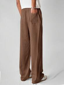 SWAVVY Men's Woven Casual Daily Solid Color Linen-Like Straight Leg Pants - Brown - View 2