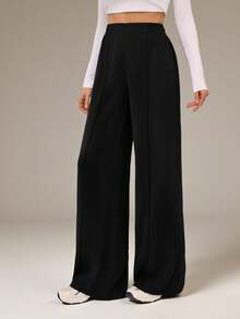 SHEIN Tall Quần ống rộng màu đen trơn kiểu Y2K, quần tây công sở, thích hợp cho mùa thu đông. - màu đen - Xem 3