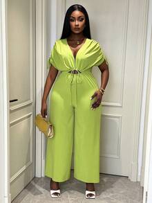 Xyvia Elegant Urban Chic New Arrival Women's Spring/Summer V-Neck Hollow Waist Tie Flared Leg Jumpsuit, Suitable For Daily Wear, Weddings, Galas, Commute, Graduation Parties, Holidays, Vacations, Dates, Parties, Halloween, Christmas, New Year, Thanksgiving - Green - View 4