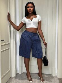 Xyvia 女士春夏新款休闲通勤裤，复古街头风，百搭百搭高品质条纹面料设计，藏蓝色阔腿中长裤 - 藏蓝色 - 查看 3