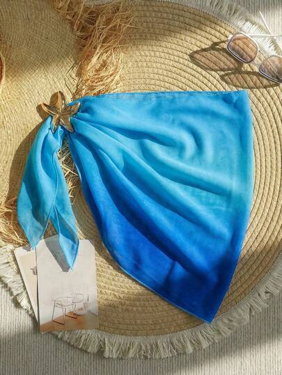 SHEIN Falda de gasa con cordón lateral de color degradado azul de sirena para niña preadolescente, cubierta de baño casual de vacaciones de verano / cubierta de traje de baño / cubierta de traje de baño / cubierta de traje de baño para niños / pareo de playa con decoración de estrella de mar de metal