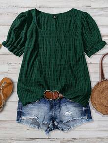 SHEIN VCAY Plus Size Summer Casual Solid Color Textured Puff Sleeve Shirt - Dark Green - View 1