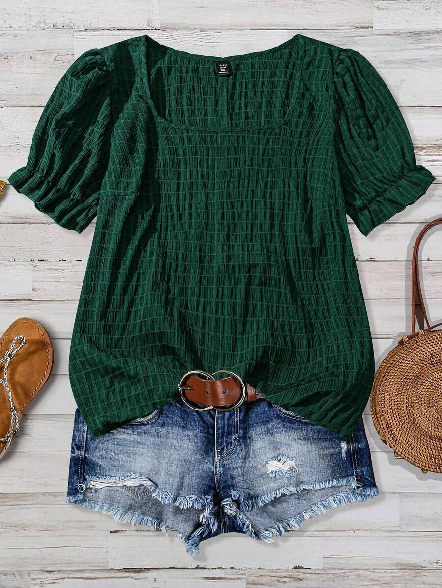 SHEIN VCAY Plus Size Summer Casual Solid Color Textured Puff Sleeve Shirt - Dark Green - View 1
