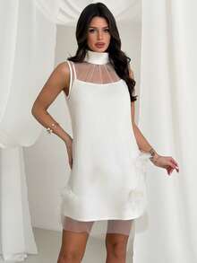 Firerie 优雅浪漫精致氛围情人节约会派对舞会婚礼宾客假日V领羽毛装饰网纱透视A字白色迷你连衣裙 - 白色 - 查看 6