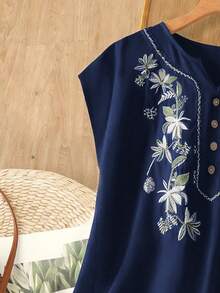 Rusticease 女士夏季度假休闲刺绣衬衫 - 藏蓝色 - 查看 4