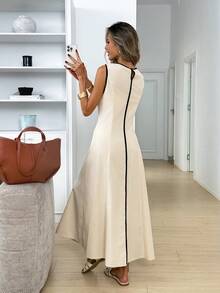 Easowa 女士休闲无袖圆领撞色连衣裙，适合夏季日常穿着 - 杏色 - 查看 2