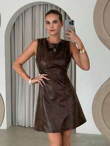 Lavishia 无袖收腰A字型时尚PU连衣裙 - 摩卡棕 - 查看 7