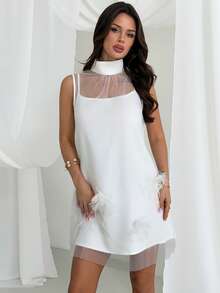 Firerie 优雅浪漫精致氛围情人节约会派对舞会婚礼宾客假日V领羽毛装饰网纱透视A字白色迷你连衣裙 - 白色 - 查看 3