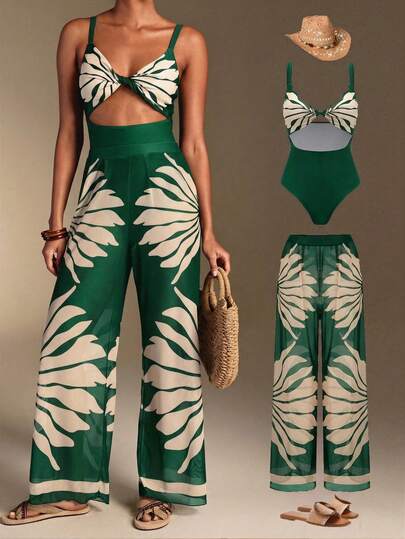 Swim Oasis Traje de baño de una pieza con estampado de plantas tropicales y calado, con pareo y pantalones para vacaciones