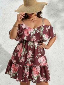 SHEIN VCAY Đầm dự tiệc/hẹn hò thời trang trễ vai xếp nếp in hoa dành cho nữ cỡ lớn - Màu Đỏ Sâu - Xem 1
